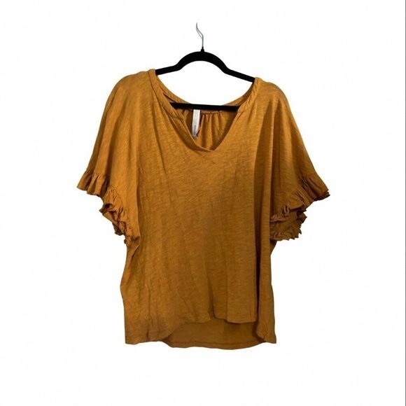 Anthropologie Tops - Anthropologie Mustard Ruffle Sleeve V-Neck Top